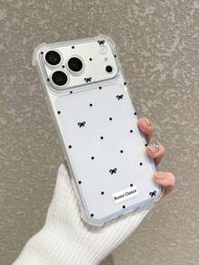 1pc Black Small Polka Dot Bow Bonne Chance French Good Luck Print Transparent Anti-Fall Phone Case, Transparent TPU Soft Shell Full Coverage Anti-Fall, Compatible With IPhone Case & Galaxy Case, Compatible With IPhone 17 17 ProMax 16 15 14 Pro Max, S24 S25 S26 Ultra - Clear - View 2