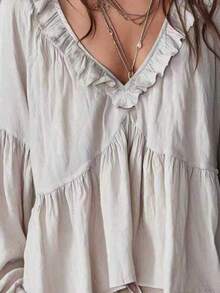 Off-White Solid Textured Shirt, Ruffle Deep V-Neck Puff Sleeve Layered Ruffle Blouse, Bohemian Style Loose Casual Shirt, Suitable For Daily Wear And Vacation - Light Grey - View 5