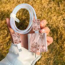 5pcs 2D Flat Design Pearl Flower Phone Charger Protector Set, Charger Head Cover + Cable Protector + Storage Rope + Data Cable Protector Rope, Suitable For IPhone 20W/18W Charger - Multicolor - View 4
