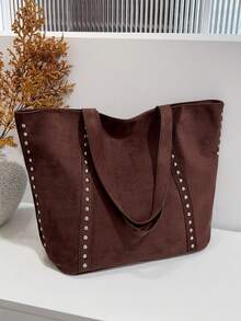 1pc Coffee Brown Metal Rivet Decor Large Capacity Faux Suede Tote Bag Women's Shoulder Bag - Coffee Brown - View 4