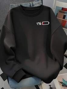 Funny 1% Low Battery Back Print Crew Neck Sweatshirt Women Loose Minimalist Black Versatile Long Sleeve Autumn Top - Black - View 3