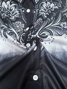 女款大尺碼復古西部印花輕量長袖鈕扣襯衫，黑色 - 黑色 - 查看 4