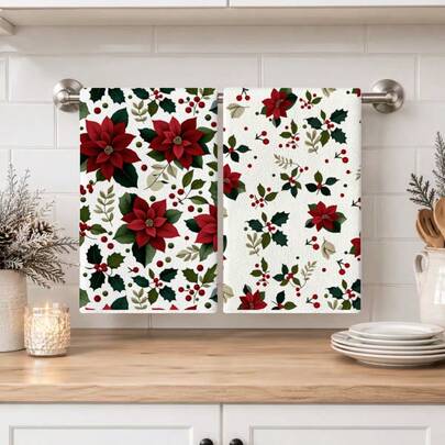 2pcs/Set, 18x26in Christmas Berry & Flower Pattern Towel Set, Quick Dry Kitchen Cleaning Cloth, Soft Absorbent Towel Set, Kitchen Decor, Home Decor, Christmas Decoration, Christmas Gift For Friends