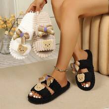 Cute Bear Bow Double Strap Plush Slippers For Women, Autumn/Winter Open Toe Non-Slip Indoor Cotton Slippers - Khaki - View 1