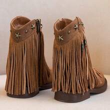 Sepatu bot ankle anak-anak bergaya vintage western dengan rumbai! Rumbai panjang unik dengan hiasan bintang, resleting samping untuk memudahkan pemakaian dan pelepasan, sol datar anti selip, sempurna untuk jalan-jalan dan berfoto. - Coklat - View 3