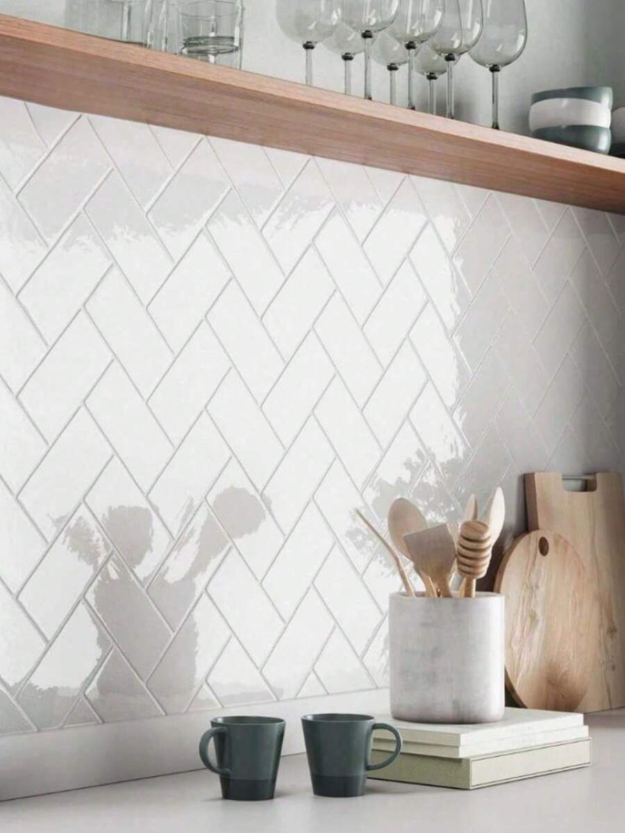 10/20pcs Self-Adhesive Herringbone Pattern Decorative Wall Stickers, Back Adhesive, Suitable For Kitchen, Bathroom, Laundry Room, White Style, Can Be Used As Birthday, Graduation Gifts, For Room Decoration, Home Decor, Wall Decoration, Bathroom Decoration, Bedroom Decoration, Living Room Decoration, House Decoration, Home Decor, Living Room Wallpaper, Wallpaper Stickers, Wall Stickers - Herringbone Pattern Wall Decal - View 1