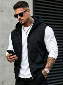 Men's Casual Vest, Solid Color Zipper Hooded Jacket, Lightweight Versatile Minimalist Men's Casual Vest - Black - View 5