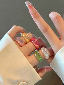 時尚圓形幾何樹脂大尺寸戒指套組，女士派對珠寶 - 5件B款 - 查看 3