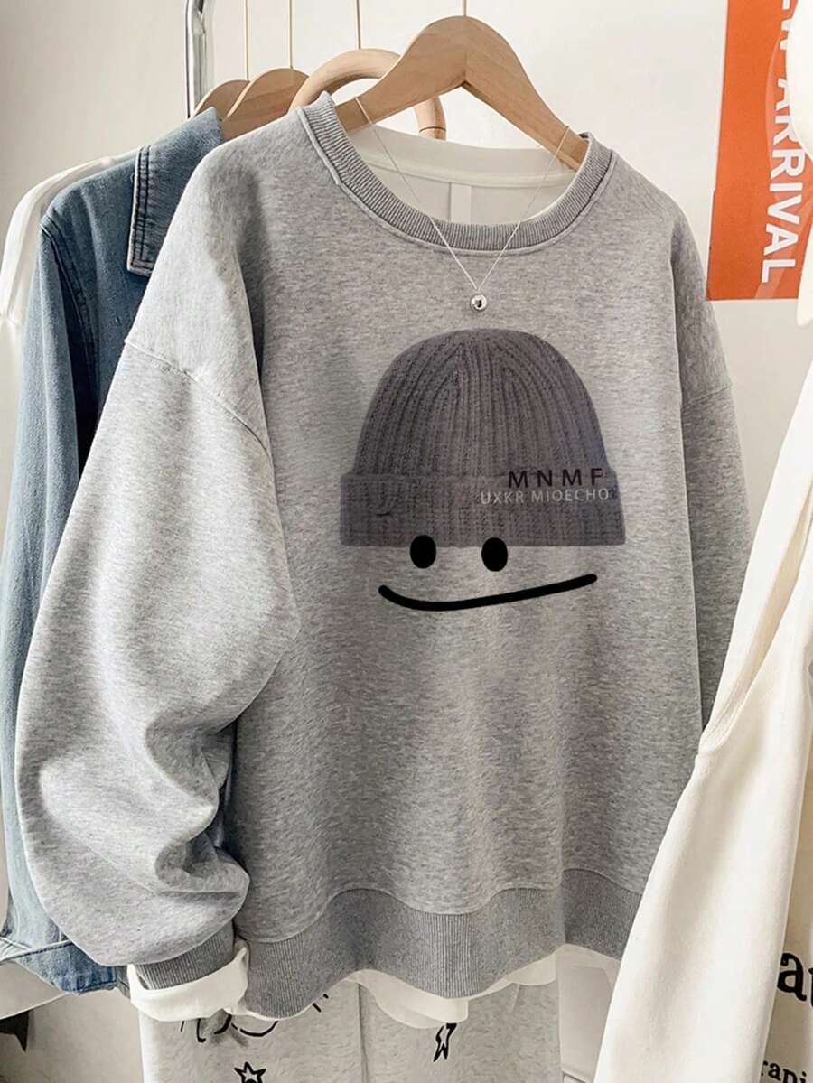 Minimalist Cute Knit Hat Smiling Face Print Crew Neck Sweatshirt Women Loose Korean Style Daily Versatile Light Gray Autumn Long Sleeve - Light Grey - View 1