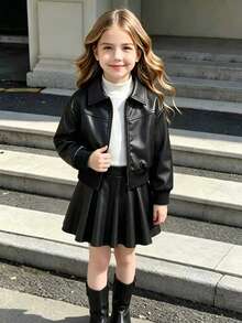 Galaxy Graffiti 4-7 Years Old Girls 2-Piece Outfit Set, Lapel Zipper Motorcycle Jacket + A-Line Pleated Mini Skirt, Cool Street Style, Suitable For Daily Wear, Party And Stage - Black - View 1