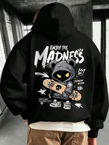 Plus Size Men's Casual Fashion Street Extreme Sports Cartoon Print Kangaroo Pocket Drawstring Loose Hoodie - Black - View 1