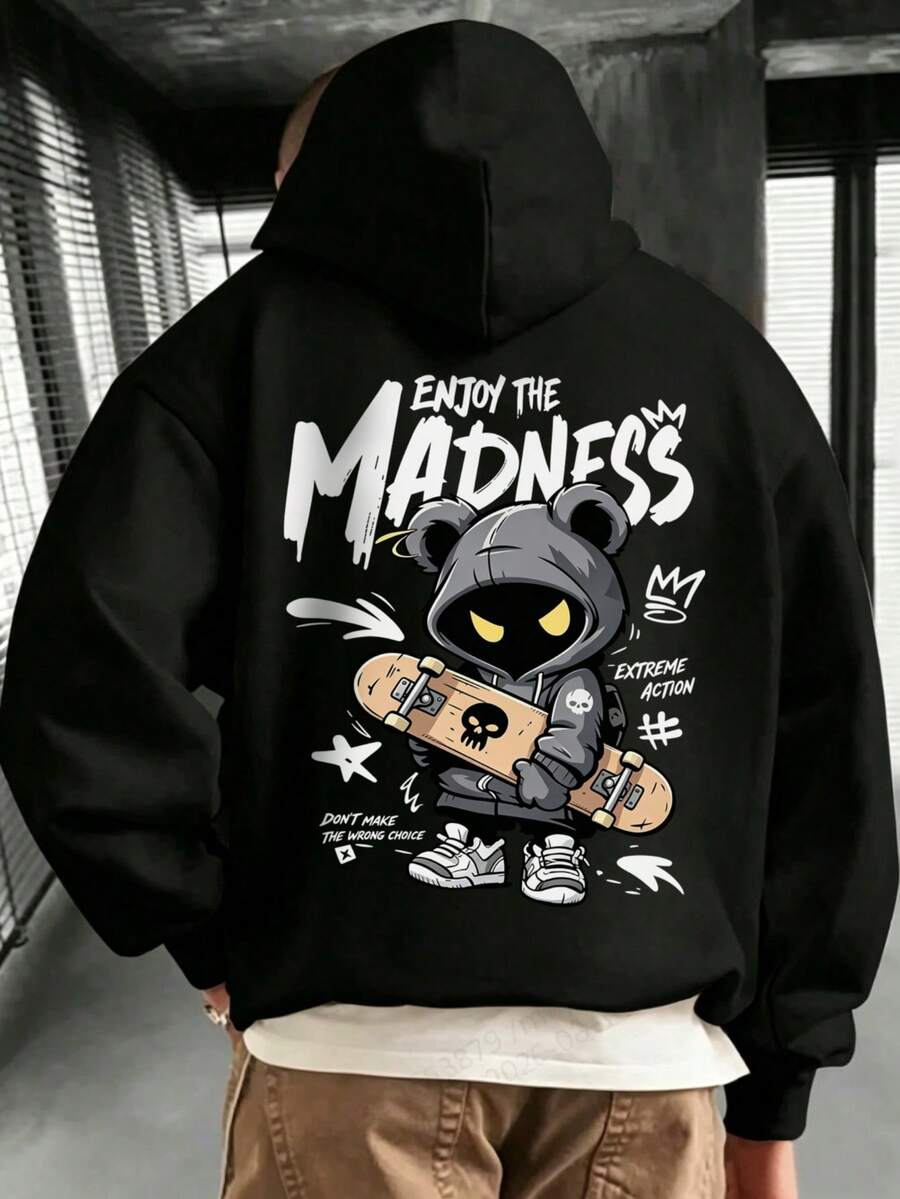 Plus Size Men's Casual Fashion Street Extreme Sports Cartoon Print Kangaroo Pocket Drawstring Loose Hoodie - Black - View 1