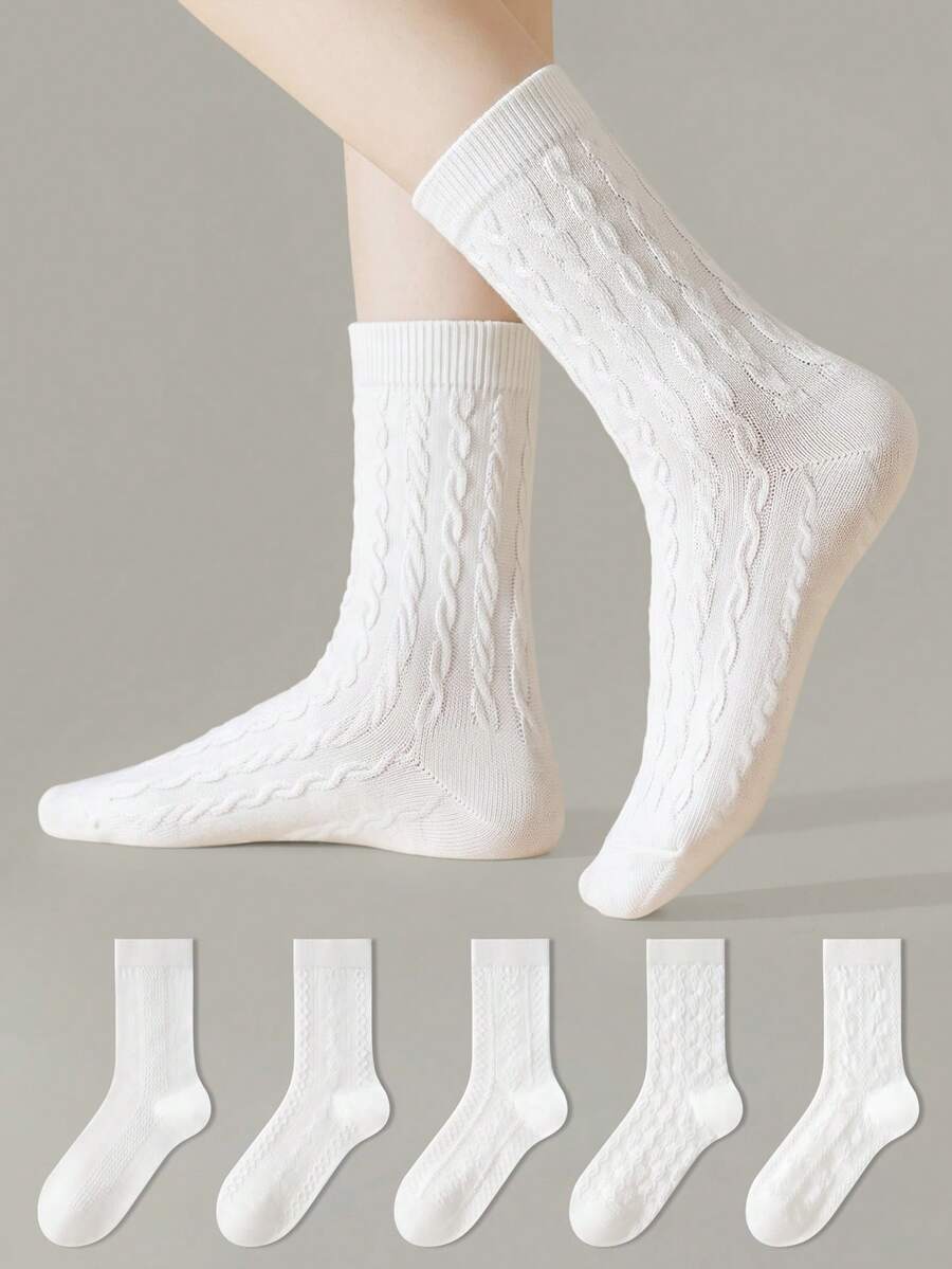 ZUJO 5 Pairs Women's White Mesh Lace Trim Cable Knit Mid-Calf Socks, Simple And Comfortable, Suitable For All Seasons - White - View 1