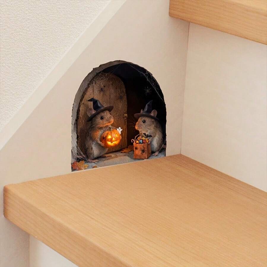 1pc 2D Mouse Hole Halloween Wall Sticker, Witch Hat Mouse Pumpkin Candy Spider Mini Door Wall Decal, Realistic And Fun, Suitable For Baseboard, Stair Corner, Cabinet, Halloween Party Indoor Surface Decoration - Multicolor - View 1