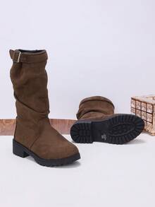 1 Pair Girls' Ruched Fabric High-Top Boots, Round Toe, Side Buckle, Chunky Low Heel, Vintage Slouch Boots, Suitable For Campus, Daily Wear, Outdoor Outings - Brown - View 6