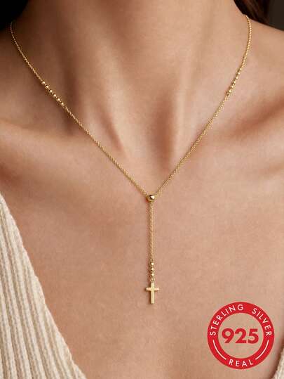 1 buc. colier în formă de Y cu cruce, din argint sterling S925, design de nișă, lanț ajustabil delicat și minimalist pentru femei, elegant, pentru ținute de zi cu zi și navetă, colier pentru zona claviculului