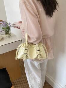 Solid Color Glossy Leather Shoulder Bag, Ruched Drawstring Design, Short Top Handle And Detachable Crossbody Strap, Flexible Switching Between Handheld And Crossbody, Ample Interior Space To Store Phone, Lipstick, Powder, Earphones And Other Daily Essentials, Suitable For Daily Shopping, Commuting, Work, Dating And Travel - Yellow - View 6