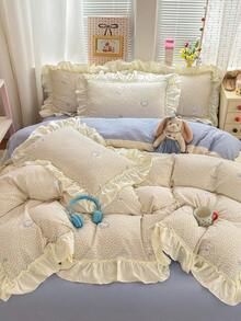 4pcs Cute Cat Floral Bedding Set, Ruched Lace Design, Soft And Comfortable Bedroom Bedding, Breathable Soft All-Season Bedding Set, Includes 1 Duvet Cover, 1 Bed Sheet, 2 Pillowcases, No Filling, Suitable For Dorm, Bedroom Home Use, Multiple Size Options - Beige - View 3
