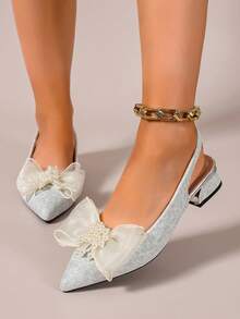 Light Gray Shiny Backless Women's Shoes, Mesh Pearl Bow Chunky Heel Commuter Sandals, Solid Color Western Wedding Style Buckle Bow Wedding Shoes - Silver - View 4
