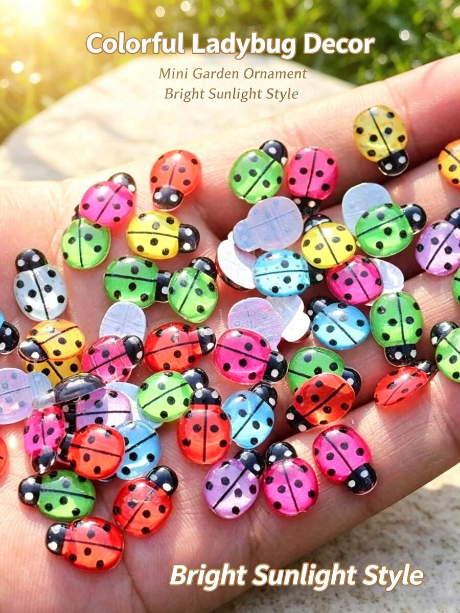 200/120pcs Colorful Mini Ladybug Ornaments, Tiny Resin Ladybug Figurines For Micro Landscape, Fairy Garden, DIY Crafts, Potted Plant Decoration, Multicolor Self Adhesive Ladybug Decor Accessories[60/30/1pc] - Multiple Styles - View 1