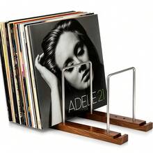 Vintage Vinyl Record Storage Rack, Wood & Steel Desktop Record Holder Stand With Adjustable Slots, Non-Slip Base LP Album Display Organizer For CD Records Collection - Brown - View 3