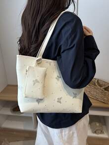 1pc Women's Fashion Commuter Solid Color All-Season Random Print Shoulder Bag, Versatile Large Capacity Butterfly Print Tote Bag, Suitable For Commuting, Travel, Outings - White - View 4