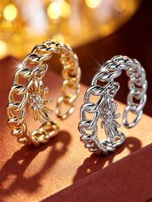 1pc Niche Luxury Sun Pendant Chain Ring, Cuban Chain Open Ring Band, Sun Pendant Design, Personalized Accessory Gift Jewelry For Women - Ring - View 1