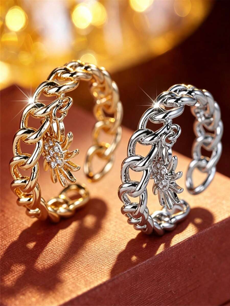 1pc Niche Luxury Sun Pendant Chain Ring, Cuban Chain Open Ring Band, Sun Pendant Design, Personalized Accessory Gift Jewelry For Women - Ring - View 1