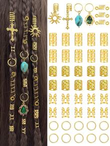 47PCS Gold Hair Jewelry For Braids Cross Sun Braid Clips Multi Style Loc Dreadlock Beads Sprial Green Rhinestone Braid Accessories For Women And Men - Gold - View 1