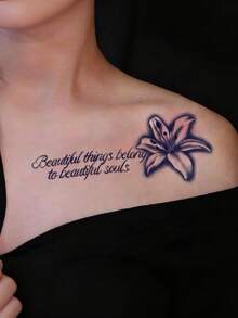 A Semi-Permanent, Washable, Water-Resistant, Black And Gray Realistic Lily Flower Tattoo Sticker In Cursive English Script, Waterproof And Suitable For The Collarbone Area, Lasting 7-14 Days. - Black - View 3