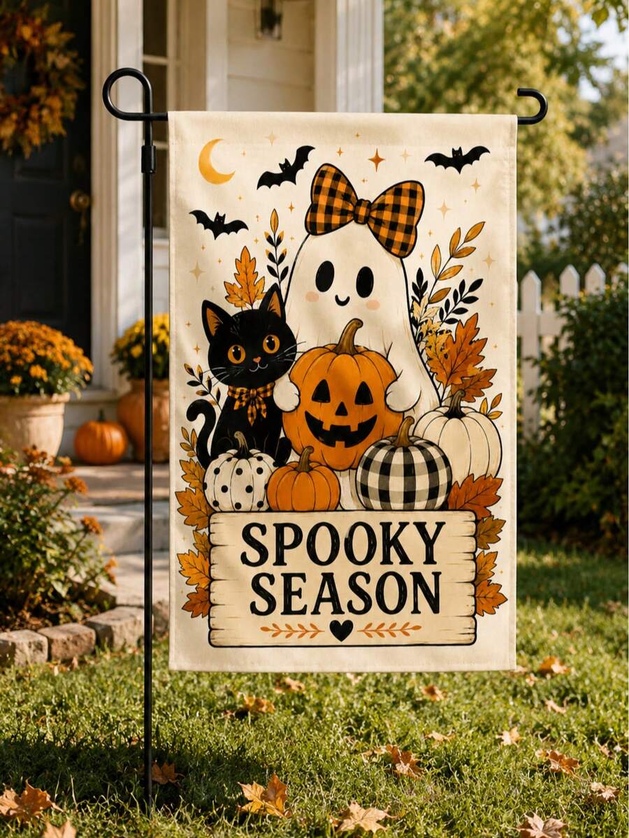 1pc 12*18 Inch Garden Flag, Halloween Cute Ghost & Pumpkin Pattern, Double-Sided Print, Spooky Season Yard Patio Autumn Decor - A - View 1