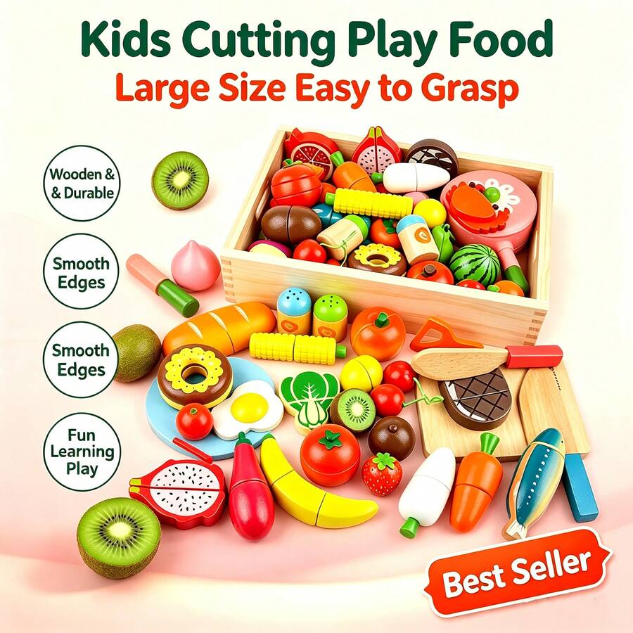 1 Set Kids Wooden Cutting Simulation Food Toy Set, Fruit & Vegetable Kitchen Toys, Large Easy-To-Grip, Smooth Rounded Edges, Montessori Early Education, Toddler Educational Gift, Unisex For Boys & Girls, Random Style & Color - Multicolor - View 1