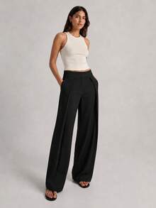 Women's High Waist Pleated Wide Leg Pants With Front Overlay Detail - Black - View 3