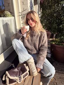 Women's Ribbed Trim Knit Cardigan, Loose Long Sleeve Button-Up Top, Suitable For Christmas, Halloween, Thanksgiving And Daily Wear - Grey - View 5