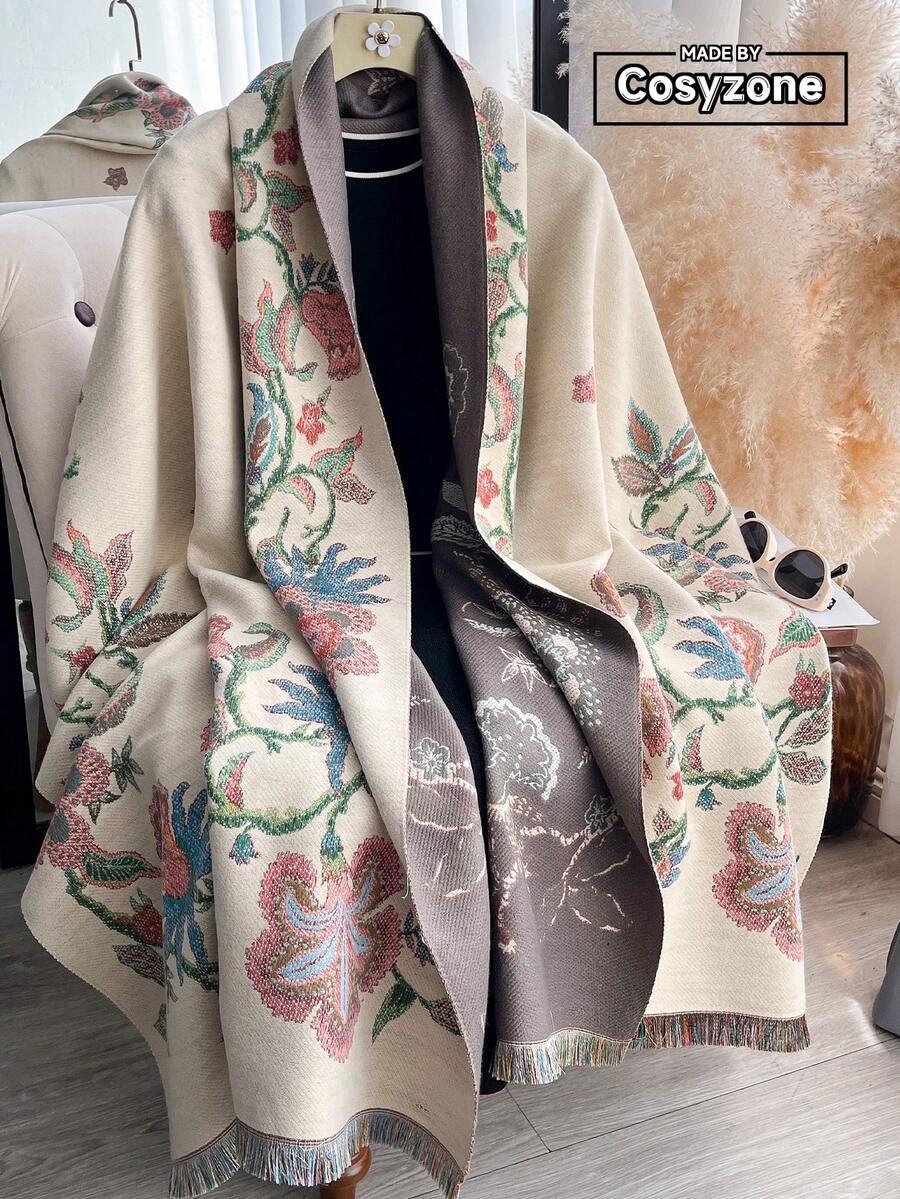 1pc Faux Cashmere Elegant Floral Pattern Jacquard Warm Scarf For Women, Air Conditioning Room Blanket, Autumn/Winter Outdoor Travel Cold Protection Neck Warmer Decorative Scarf Shawl Dual-Use, Suitable For Daily Matching, First Choice For Gift Giving - Multicolor - View 1