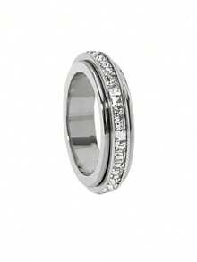 1 buah Cincin Putar Ganda Stainless Steel dengan Zirkonia Persegi, Cincin Keberuntungan Spinner - Perak - View 4