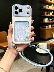 1件裝藍色波點百合圖案手機卡套掛繩保護殼，防震防摔，適用於Apple 17PROMAX/16PROMAX/15PRO/15/14PROMAX/16PLUS/14PRO/14/13PROMAX/13PRO/13/12PROMAX/12 11/適合送給男朋友/女朋友的禮物 - 淺藍色 - 查看 1