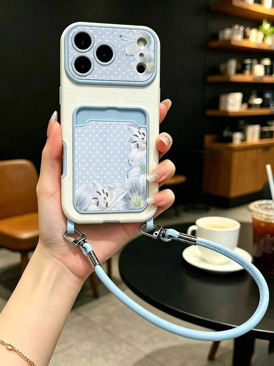 1件裝藍色波點百合圖案手機卡套掛繩保護殼,防震防摔,適用於Apple 17PROMAX/16PROMAX/15PRO/15/14PROMAX/16PLUS/14PRO/14/13PROMAX/13PRO/13/12PROMAX/12 11/適合送給男朋友/女朋友的禮物 - 淺藍色 - 查看 1