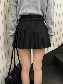 Spring/Summer New Hot Girl Vintage Slimming High Waist Anti-Exposure Double Belt Striped Pleated Skirt - Black - View 11