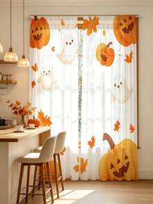 2 Peças Cortinas Transparentes de Folha de Outono, Fantasma de Abóbora em Aquarela, Adequadas para Decoração de Halloween e Ação de Graças, Design de Bolsa de Vara Superior, Tela de Janela Fluida, Cortina de Tela Adequada para Cozinha, Cafeteria, Restaurante, Varanda, Jardim, Quarto - Multicolorido - Visão 2