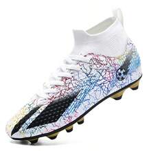 High-Top Sock-Style Football Boots For Men And Women, Long Studs AG Turf Cleats With Colorful Lightning Print, Durable Training And Match Sports Shoes - White and Blue - View 19