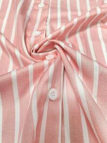 Casual Fashion Striped Print Women's Plus Size Button-Up Long Sleeve Shirt Blouse Pink - Pink - View 3