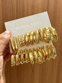 10/20 Pcs Gold Hoop Earrings Set, Multi-Style C-Shaped Earrings, CCB Vintage Style Personalized Earrings, Suitable For Daily Wear, Party Eye-Catching Earrings, Perfect Gift For Mom And Girlfriend - Gold - View 8