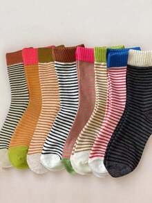 6 Pairs Of Random Women's Casual Striped Calf Socks In Multiple Colors, Retro Colored Long Socks For Comfort, Breathability, And Softness - Multicolor - View 3