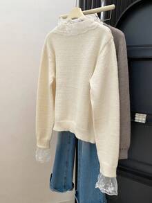 Women's Lace Collar Knit Cardigan, Round Neck Front Button Sweater Jacket, Suitable For Thanksgiving And Christmas Outfits - White - View 11