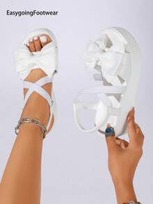 Women's Summer Sweet Bow Cross Elastic Wedge Sandals, Thick Sole, Polyurethane Lightweight Bottom, Versatile Elegant Style For Daily Wear And Vacation - White - View 6