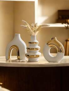 3pcs/Set White & Gold Electroplated Ceramic Vase Set Modern Nordic Aesthetic Decorative Flower Vase For Dried Flowers Table Home Decor - 1PC - View 4