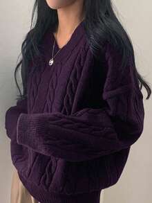 EAVA 女款極簡 V 領寬鬆休閒針織上衣，低調老錢風，情人節 - 紫色 - 查看 2