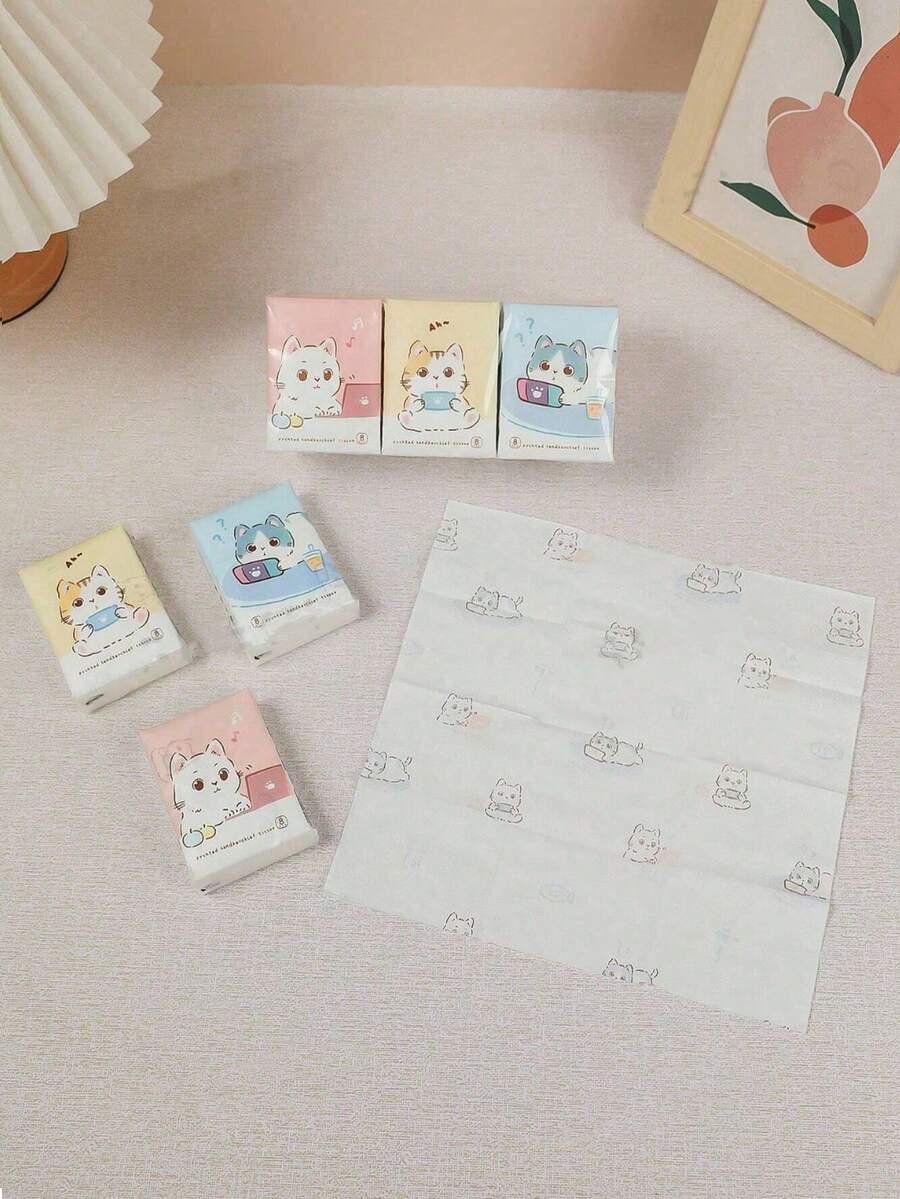 144pcs/72pcs/24pcs/8pcs Colorful Cat Print Natural Woodpulp Handkerchief Tissues, Suitable For Daily Life Cleaning,Kitchen,Bathroom,Home,Household Supplies - Tissue - View 1