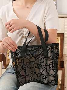 1pc Black Heart-Shaped Mesh Portable Handbag Makeup Organizer, Breathable Mesh Suitable For Home, Travel, Beach Vacation, Gift Choice For Girls - Multicolor - View 2